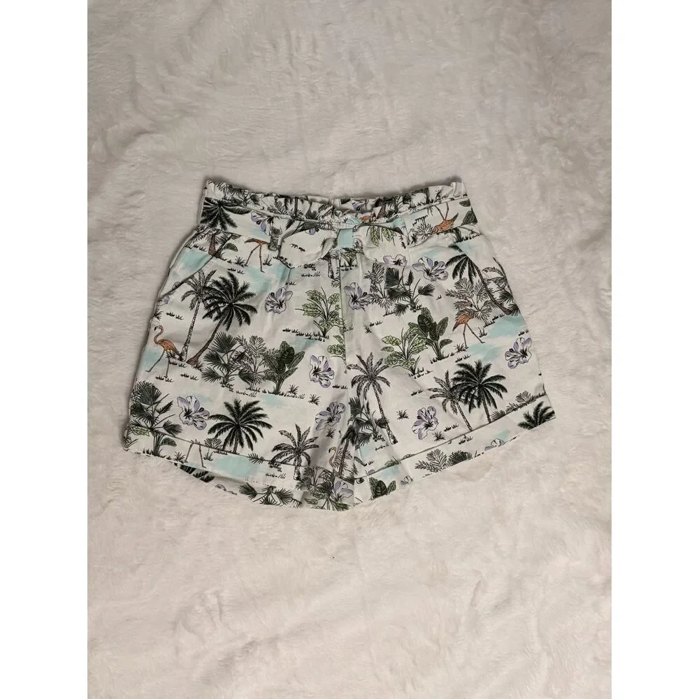Janie and Jack White Tropical Palm Print Cotton Smocked Shorts Flamingo Girls 12